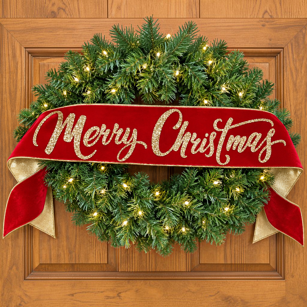 The Matthew John Collective red velvet Merry Christmas banner with gold glitter script draped over a lit wreath.