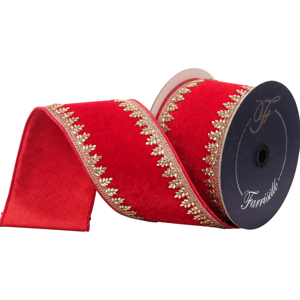 The Matthew John Collective Farrisilk Pinyon red velvet holiday ribbon with intricate gold leaf-inspired wired edges.
