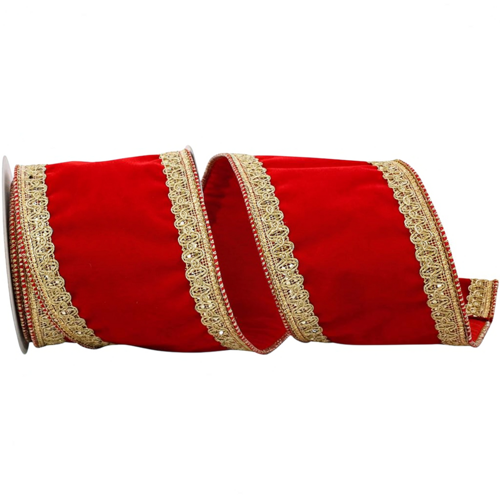 The Matthew John Collective 4-inch red velvet wired ribbon with decorative gold royalty-style trim edges.