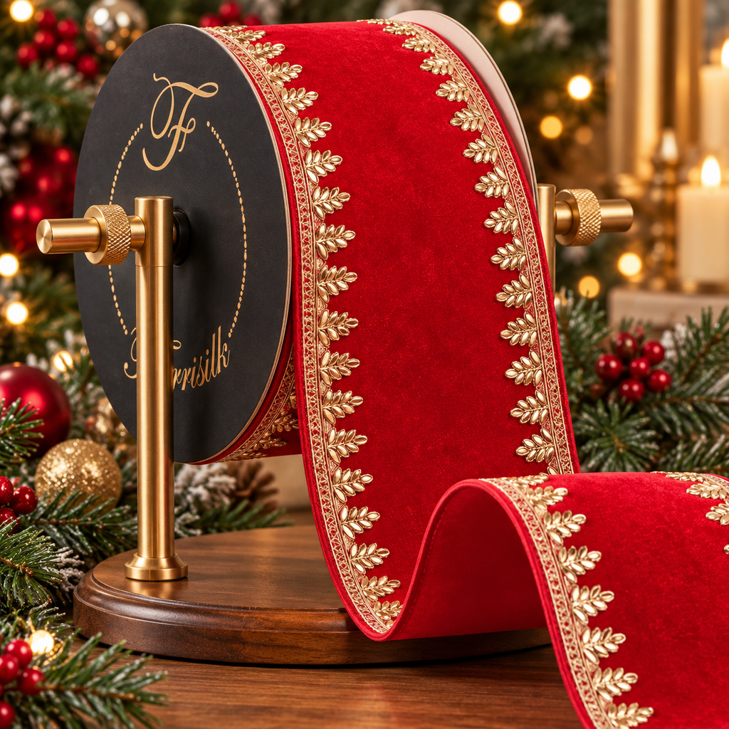 The Matthew John Collective Farrisilk Pinyon jewel red velvet ribbon with gold leaf trim on a wooden spool