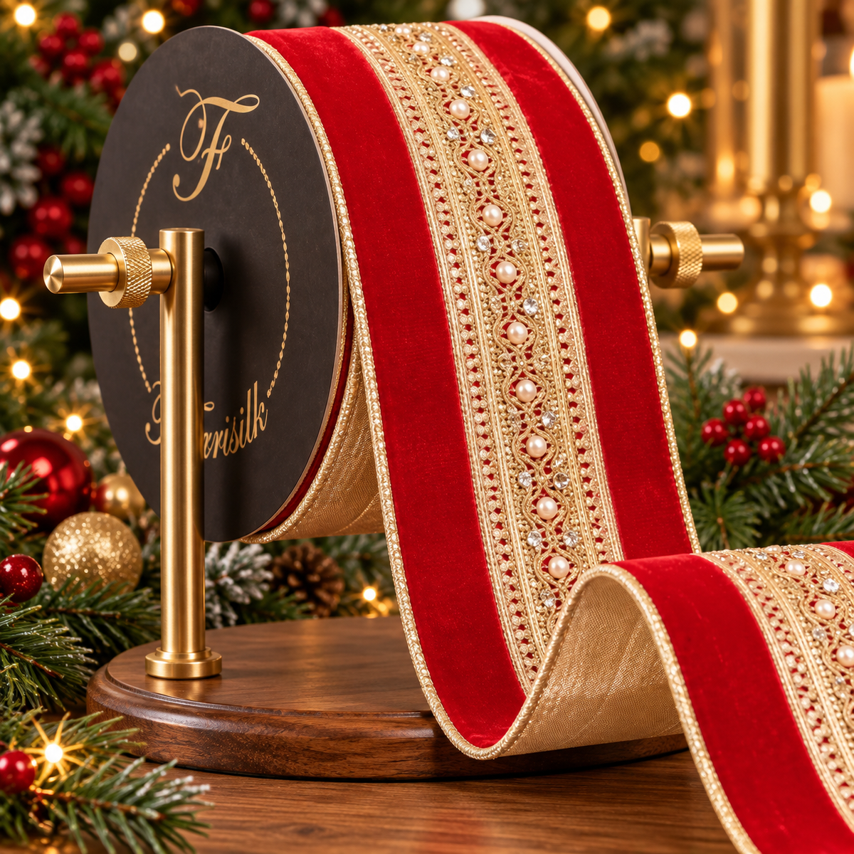 The Matthew John Collective Farrisilk red velvet holiday ribbon with intricate gold beadwork trim on a display stand.
