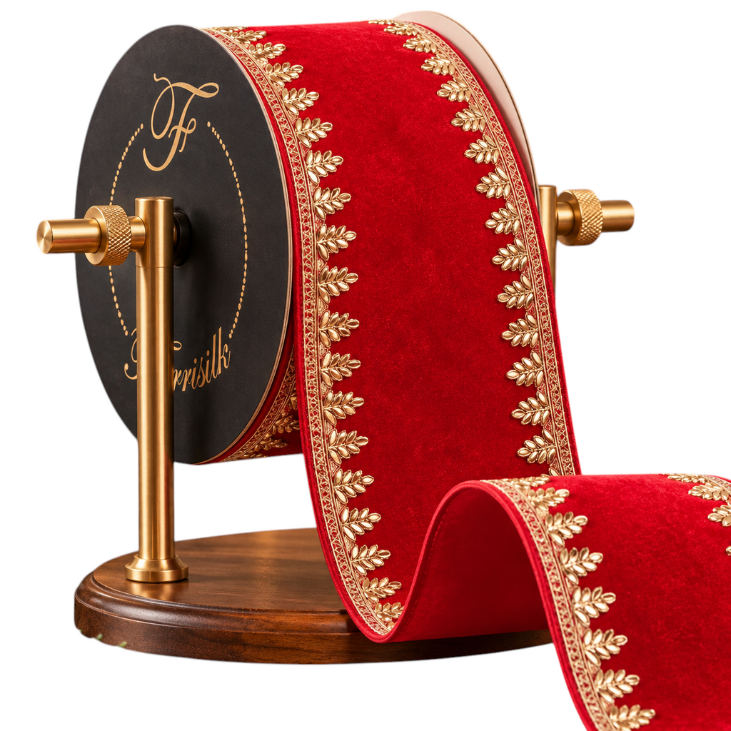 The Matthew John Collective Farrisilk Pinyon Jewel Red velvet ribbon with intricate gold leaf trim on a display stand.
