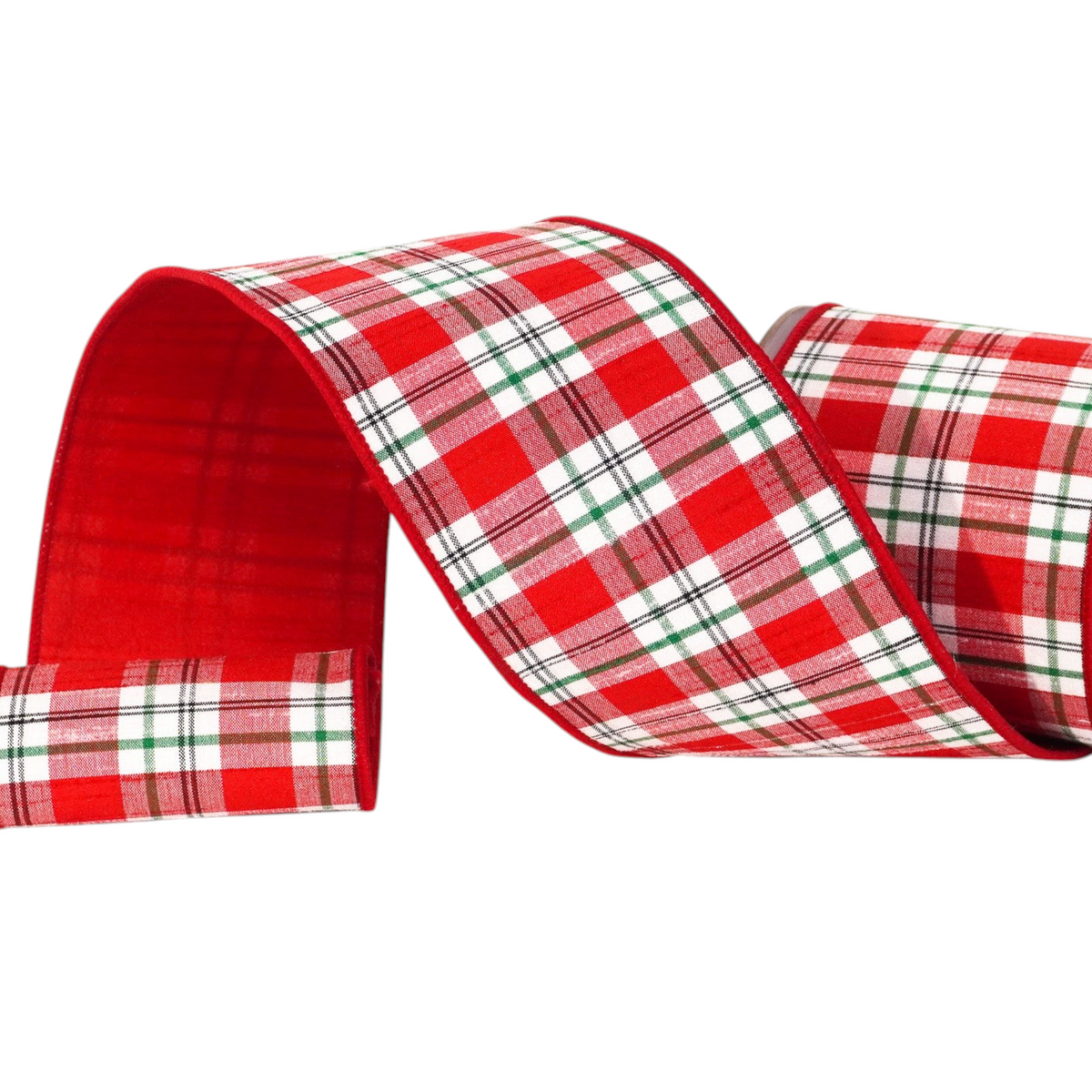 The Matthew John Collective Farrisilk 4-inch wide red, white, and black plaid Christmas designer ribbon roll.