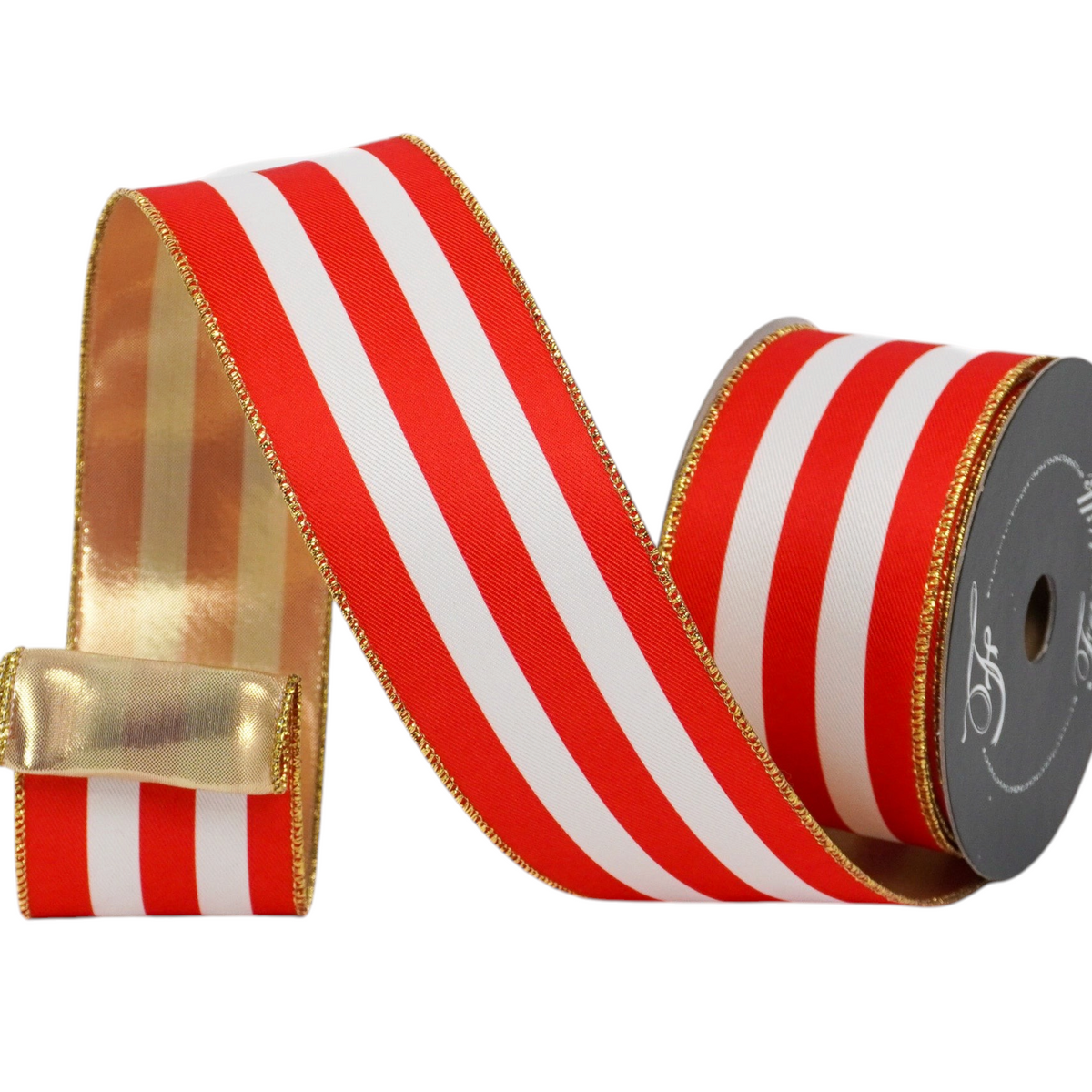 The Matthew John Collective Farrisilk Cirque Du Stripe ribbon in red and white with gold metallic edges on a roll.