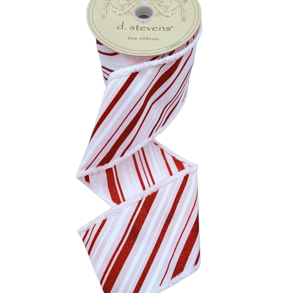 The Matthew John Collective D Stevens red and white striped satin ribbon with glitter and textured snow-like edges.