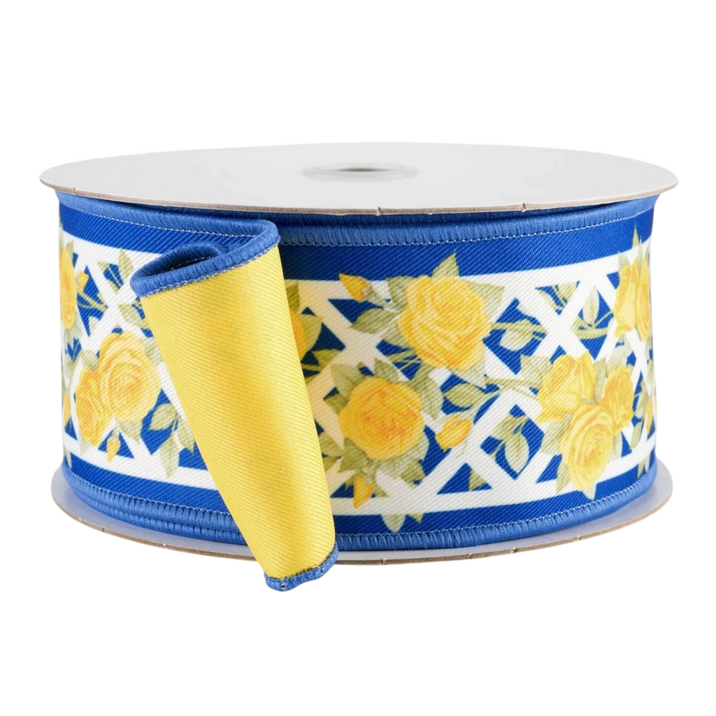 The Matthew John Collective double-sided wired ribbon with yellow roses, white trellis, and solid yellow reverse.