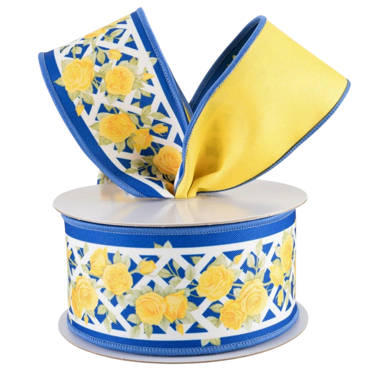 The Matthew John Collective double-sided wired canvas ribbon with yellow rose trellis print and solid yellow reverse.