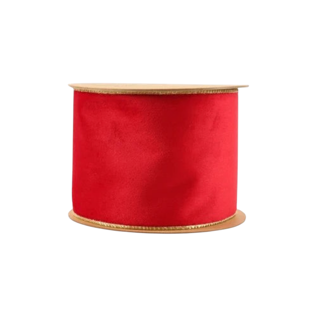 The Matthew John Collective 4-inch wide rosy red velvet wired Christmas ribbon with a metallic gold reverse side.