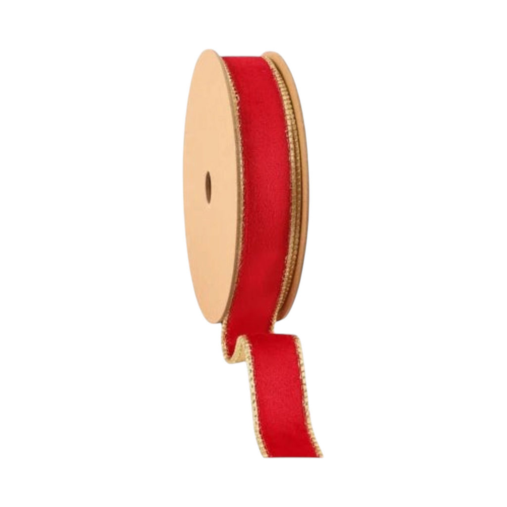 The Matthew John Collective 1-inch wired ribbon in rosy red velvet with a metallic gold reverse on a spool