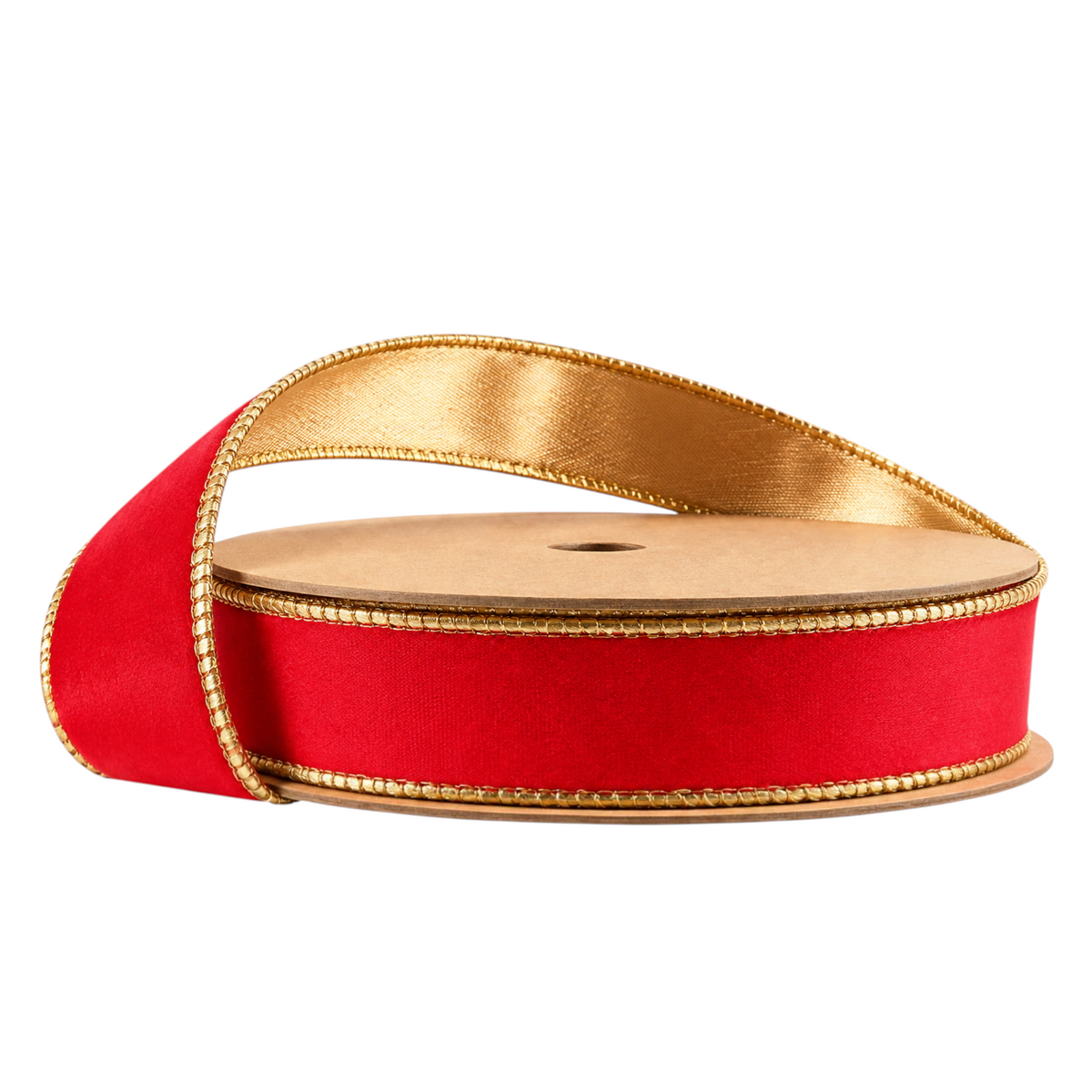 The Matthew John Collective 1 inch rosy red velvet wired ribbon with a metallic gold reverse on a spool
