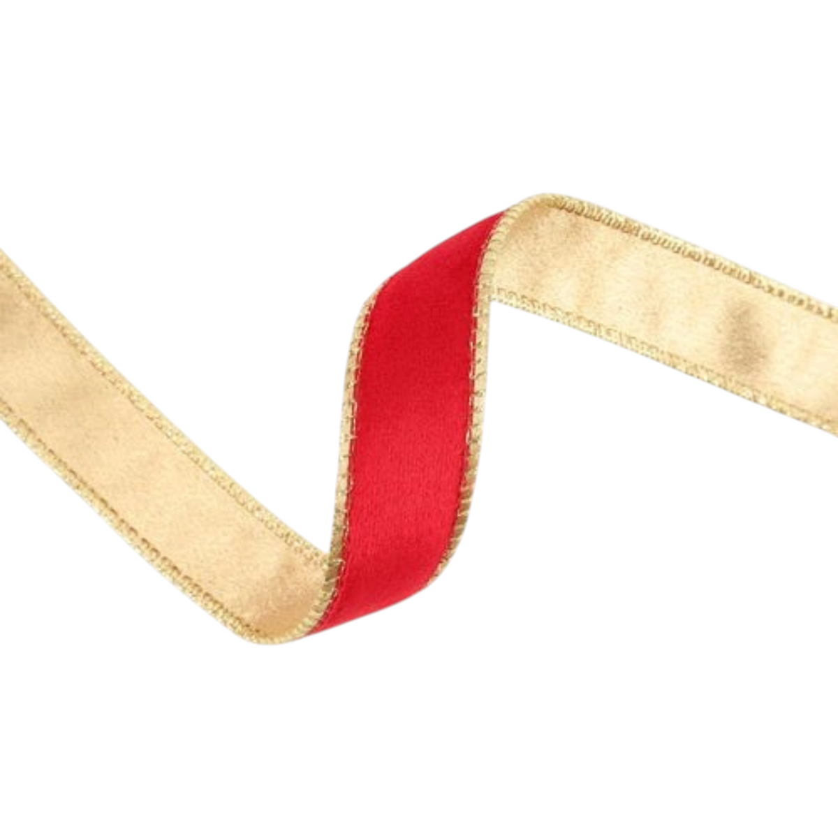 The Matthew John Collective 1-inch reversible wired ribbon in plush rosy red velvet and shimmering metallic gold.