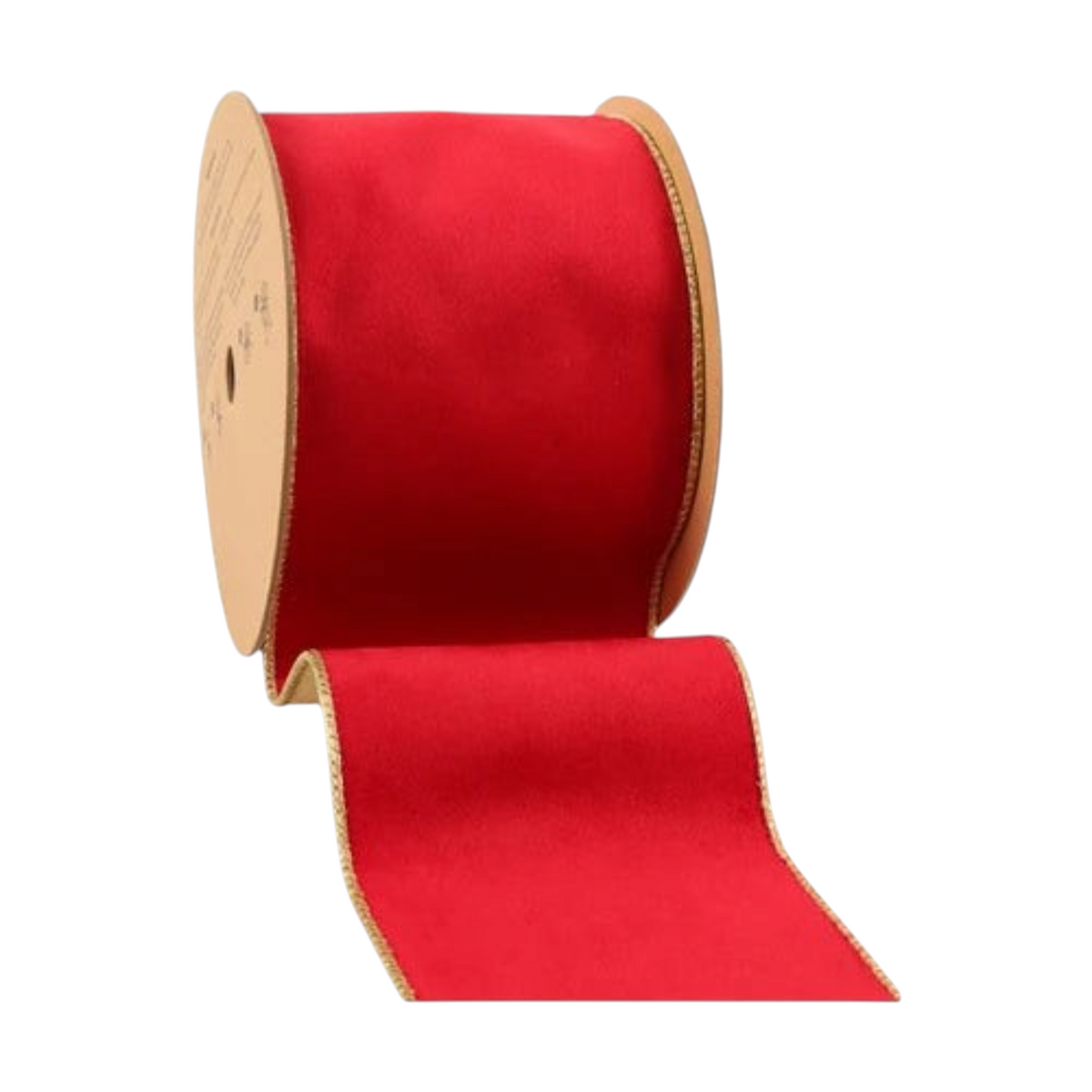 The Matthew John Collective 4-inch wide reversible rosy red velvet and metallic gold wired Christmas ribbon on a roll.