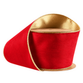 The Matthew John Collective 4-inch wide reversible rosy red velvet Christmas ribbon with a metallic gold wired edge.