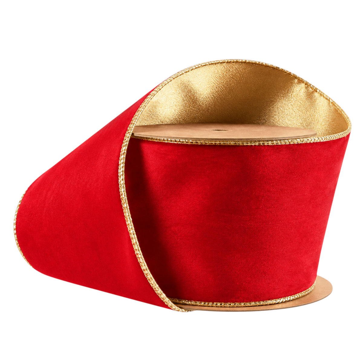 The Matthew John Collective 4-inch wide reversible rosy red velvet Christmas ribbon with a metallic gold wired edge.