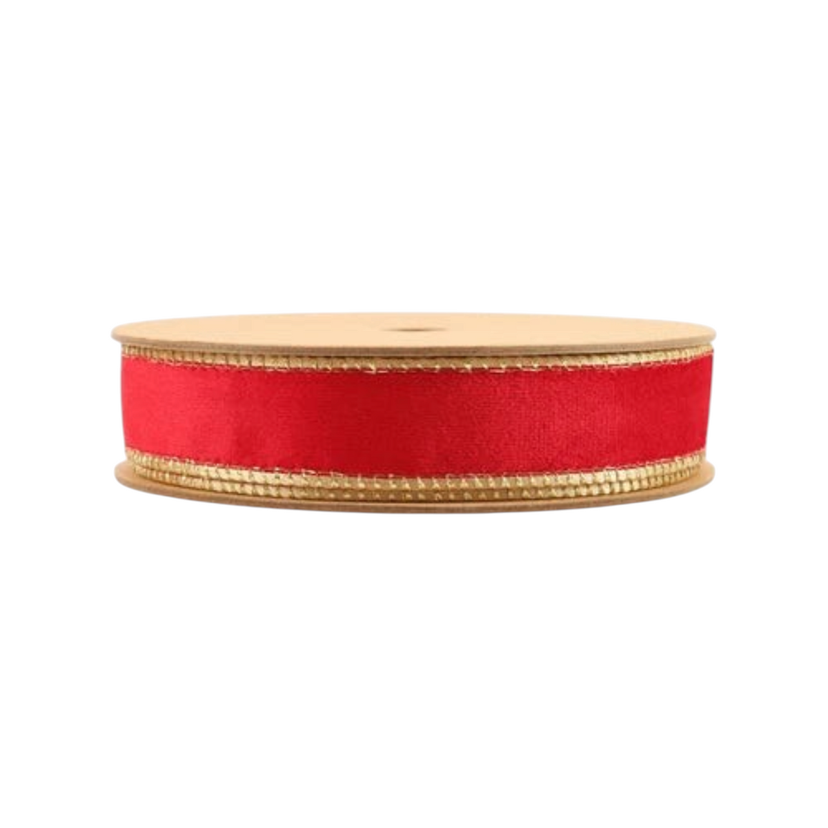 The Matthew John Collective 1 inch wide reversible rosy red velvet and metallic gold wired Christmas ribbon on a roll