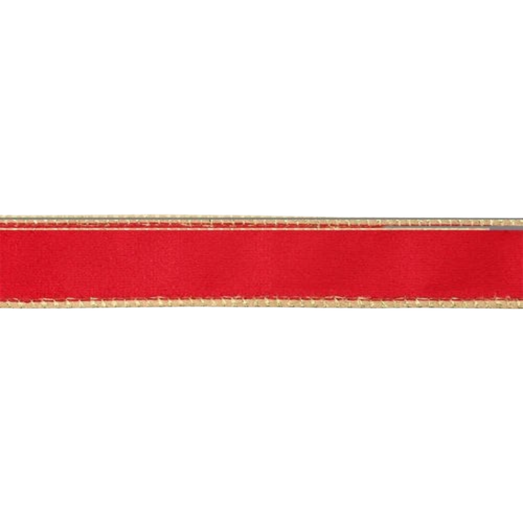 The Matthew John Collective 1-inch wired ribbon in rosy red velvet with a shimmering metallic gold edge.