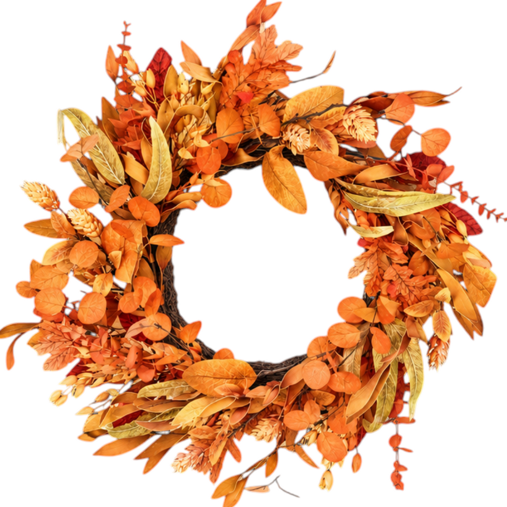 The Matthew John Collective 21-inch round fall garden wreath with lush orange, gold, and brown autumn foliage.