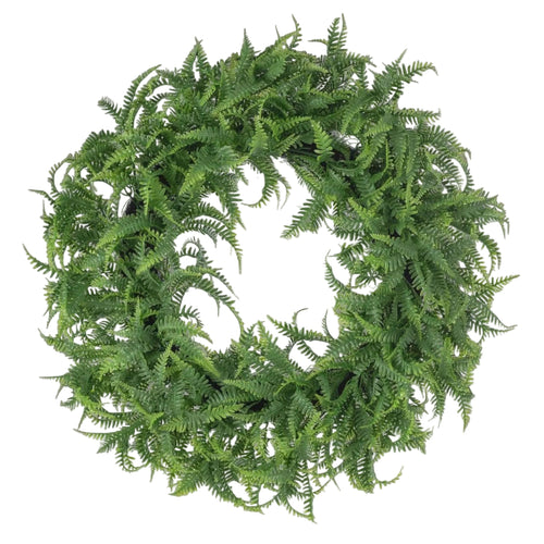 The Matthew John Collective 18-inch round fern wreath with two-tone green plastic fronds on an angel vine frame.