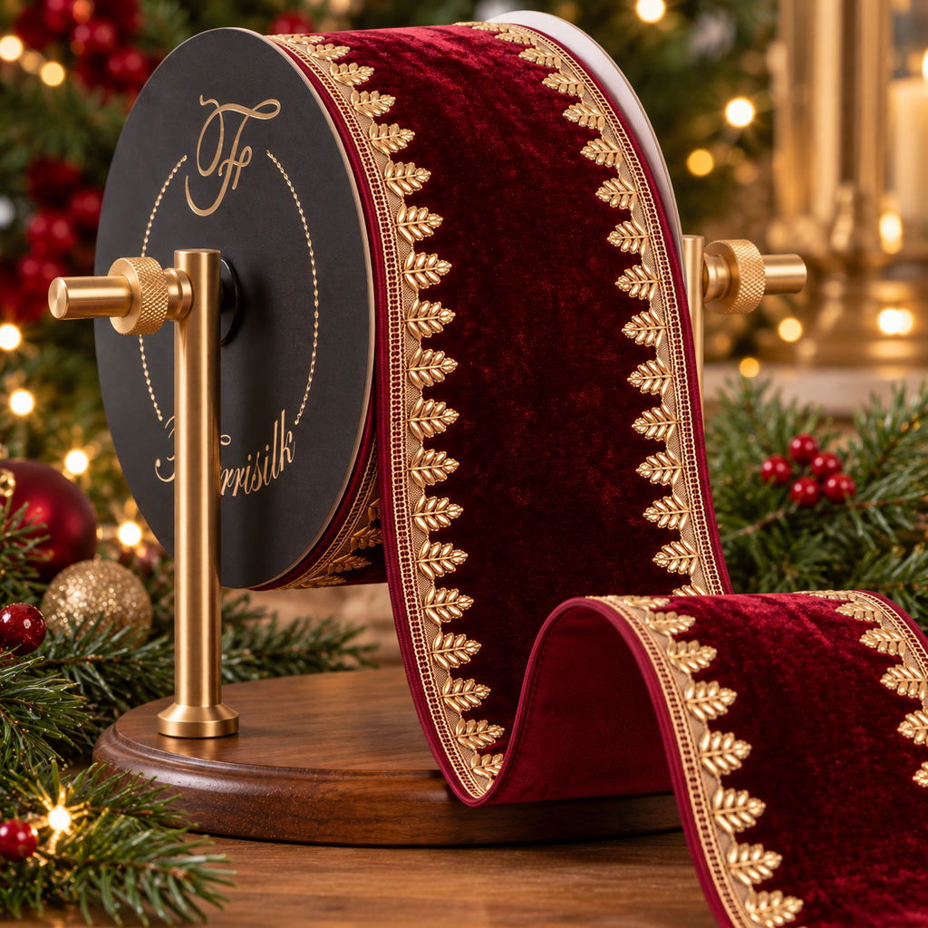 The Matthew John Collective Farrisilk ruby red velvet holiday ribbon with gold metallic leaf trim on a wooden spool.
