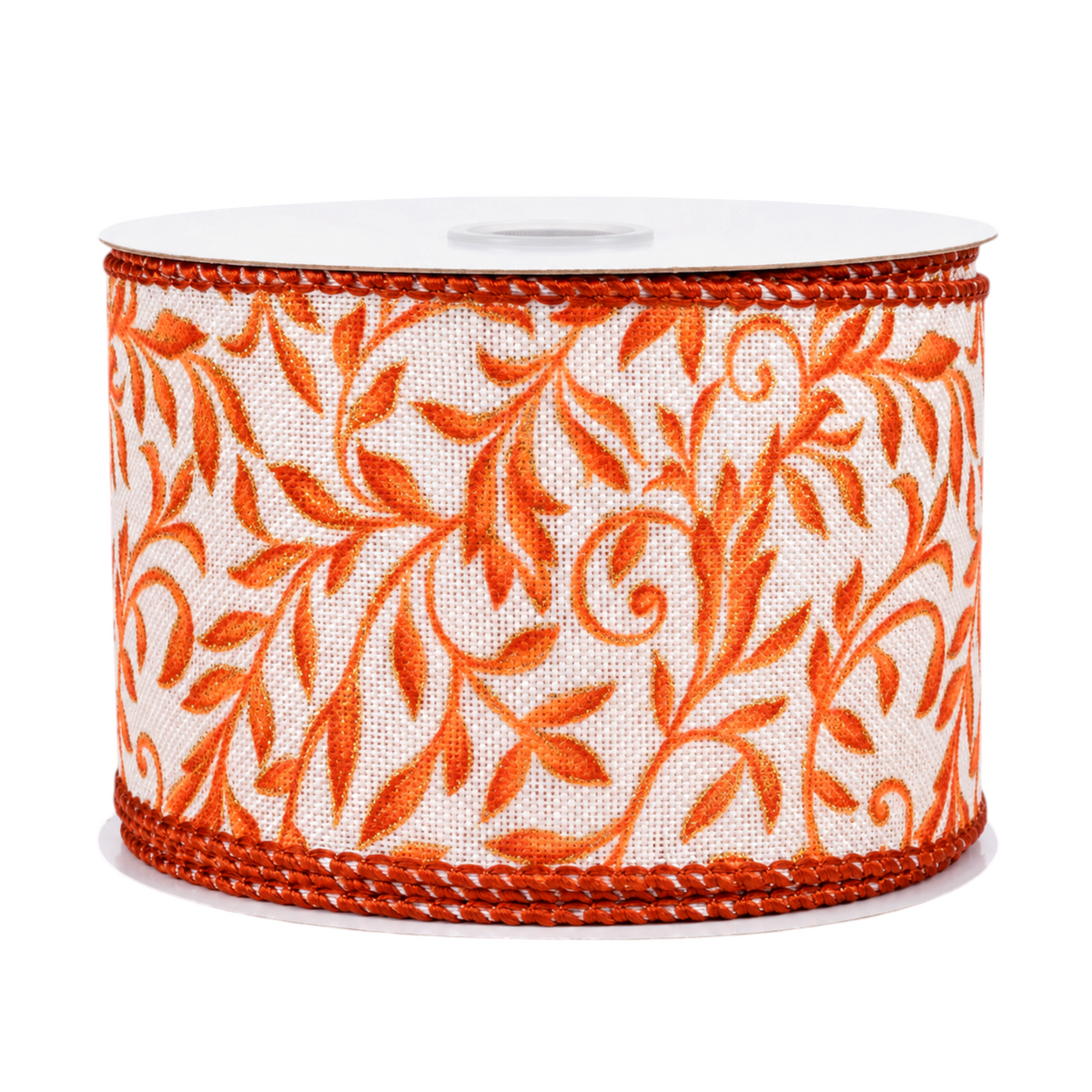 The Matthew John Collective linen ribbon with rust orange glittered foliage swirls on an ivory background
