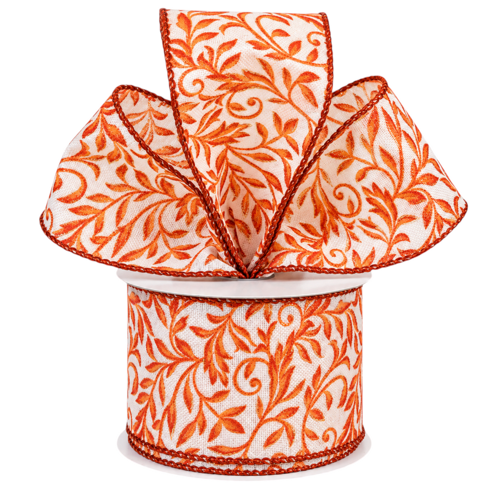 The Matthew John Collective rust and ivory linen wired ribbon featuring a glittered foliage swirl pattern