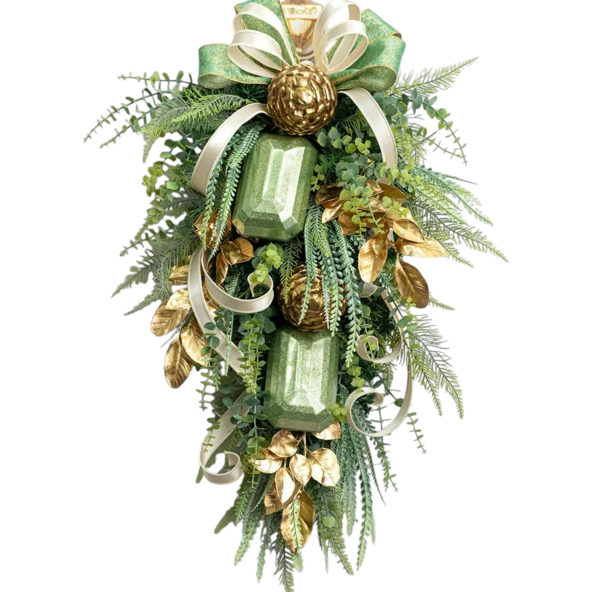 The Matthew John Collective sage green glitter gem ornament featured in a lush holiday swag with gold accents.