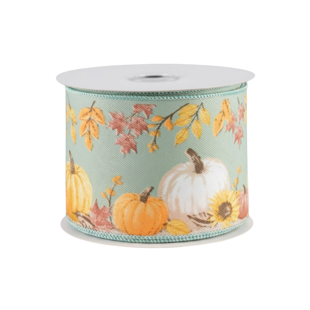 The Matthew John Collective sage green wired ribbon featuring orange pumpkins, sunflowers, and fall foliage patterns.