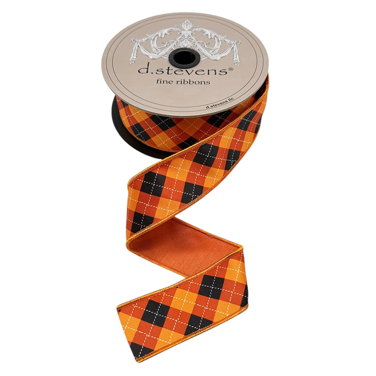 The Matthew John Collective D Stevens orange, black, and white satin argyle plaid wired ribbon for fall decor.