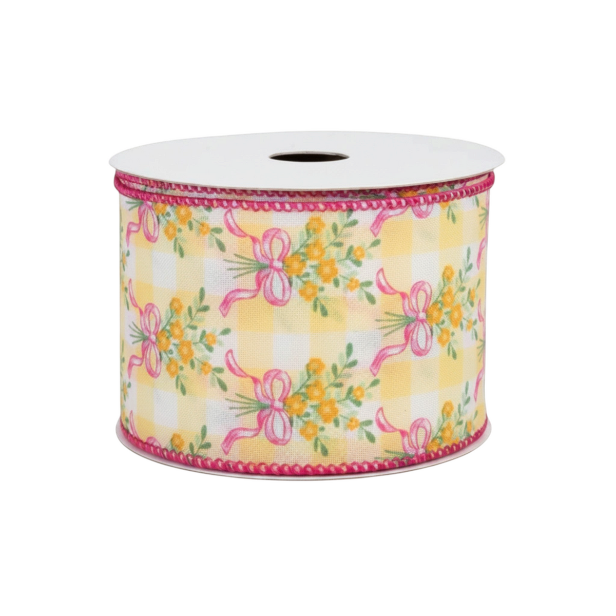 The Matthew John Collective 2.5 inch satin ribbon with yellow checkered pattern, floral bouquets, and pink bows.