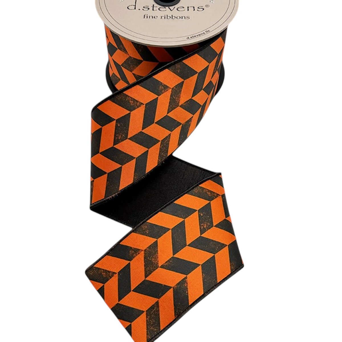 The Matthew John Collective D. Stevens satin ribbon with a black and orange herringbone pattern and wired edges.