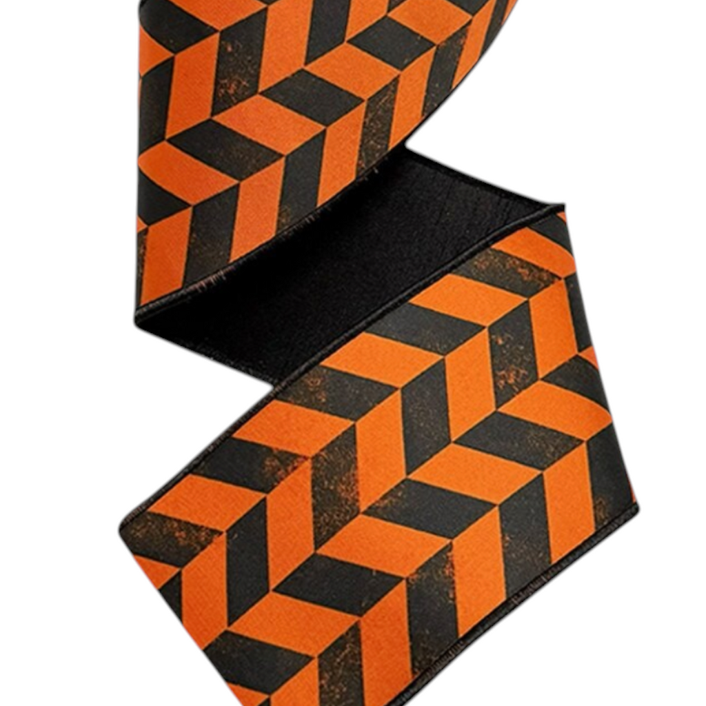 The Matthew John Collective D. Stevens satin ribbon with a black and orange herringbone pattern and wired edges.