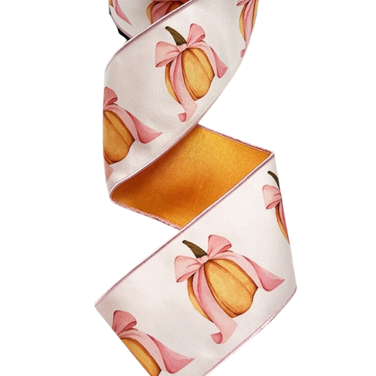 The Matthew John Collective D. Stevens 3-inch wired satin ribbon featuring a pumpkin and pink bow fall pattern.