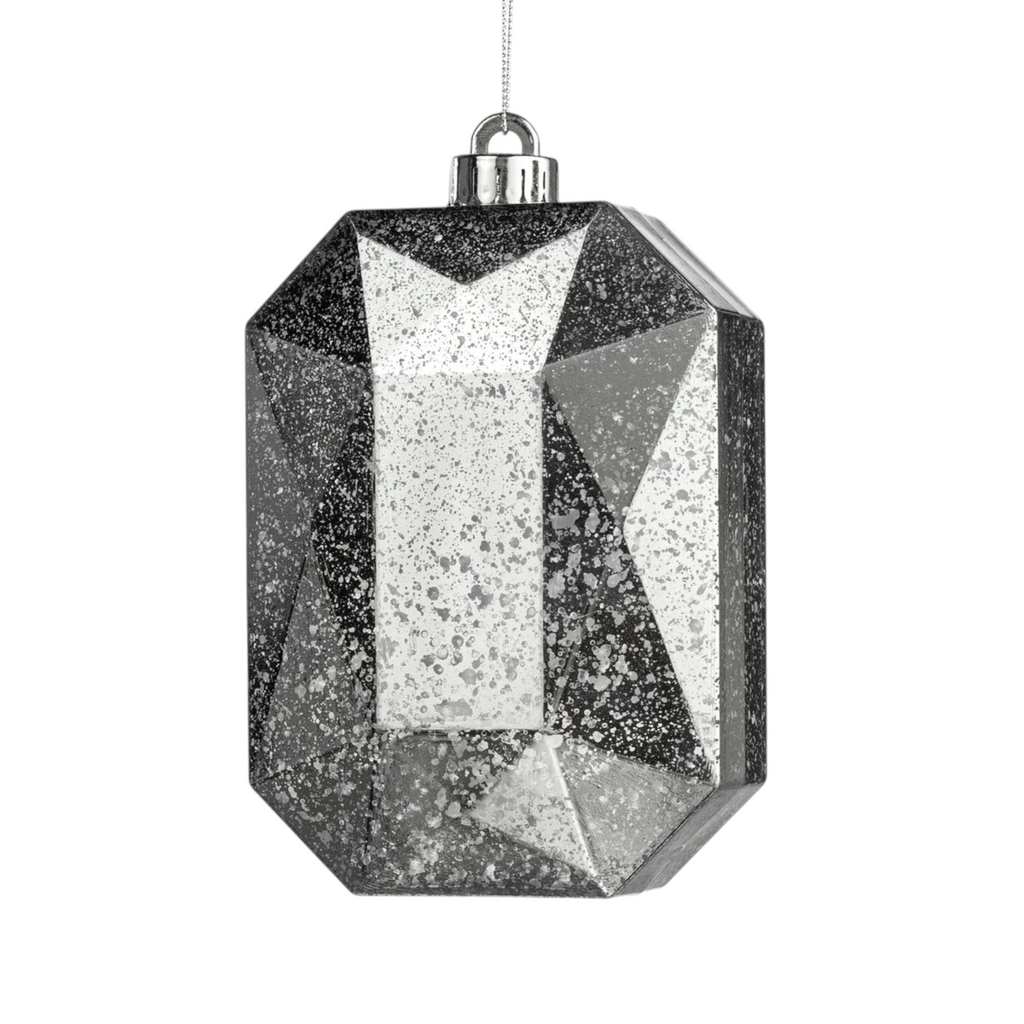 The Matthew John Collective shatterproof rectangular jewel Christmas ornament in antique silver faux mercury glass.