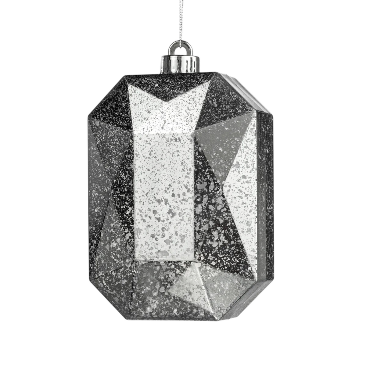 The Matthew John Collective shatterproof rectangular jewel Christmas ornament in antique silver faux mercury glass.