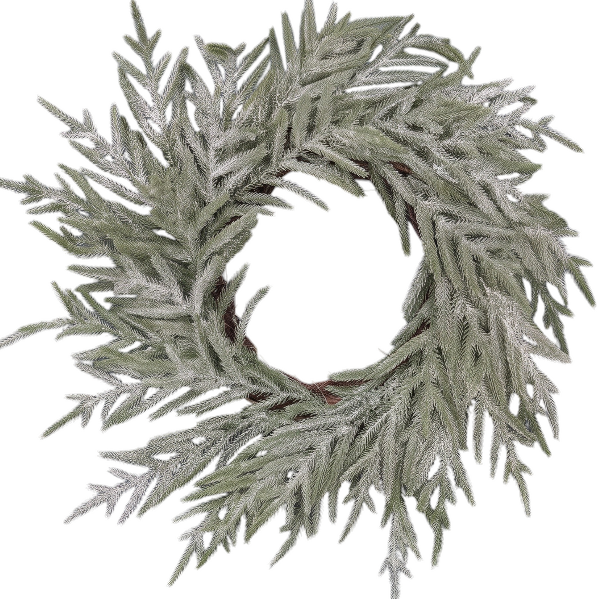 The Matthew John Collective 22-inch snowy Norfolk pine wreath with realistic needles on a dark blue front door.