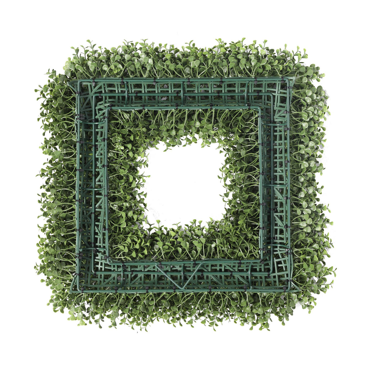 The Matthew John Collective 20-inch square artificial boxwood wreath showing the sturdy green plastic frame back view