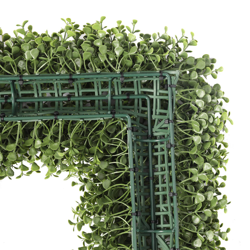 The Matthew John Collective square artificial boxwood wreath back view showing the sturdy green wire frame construction