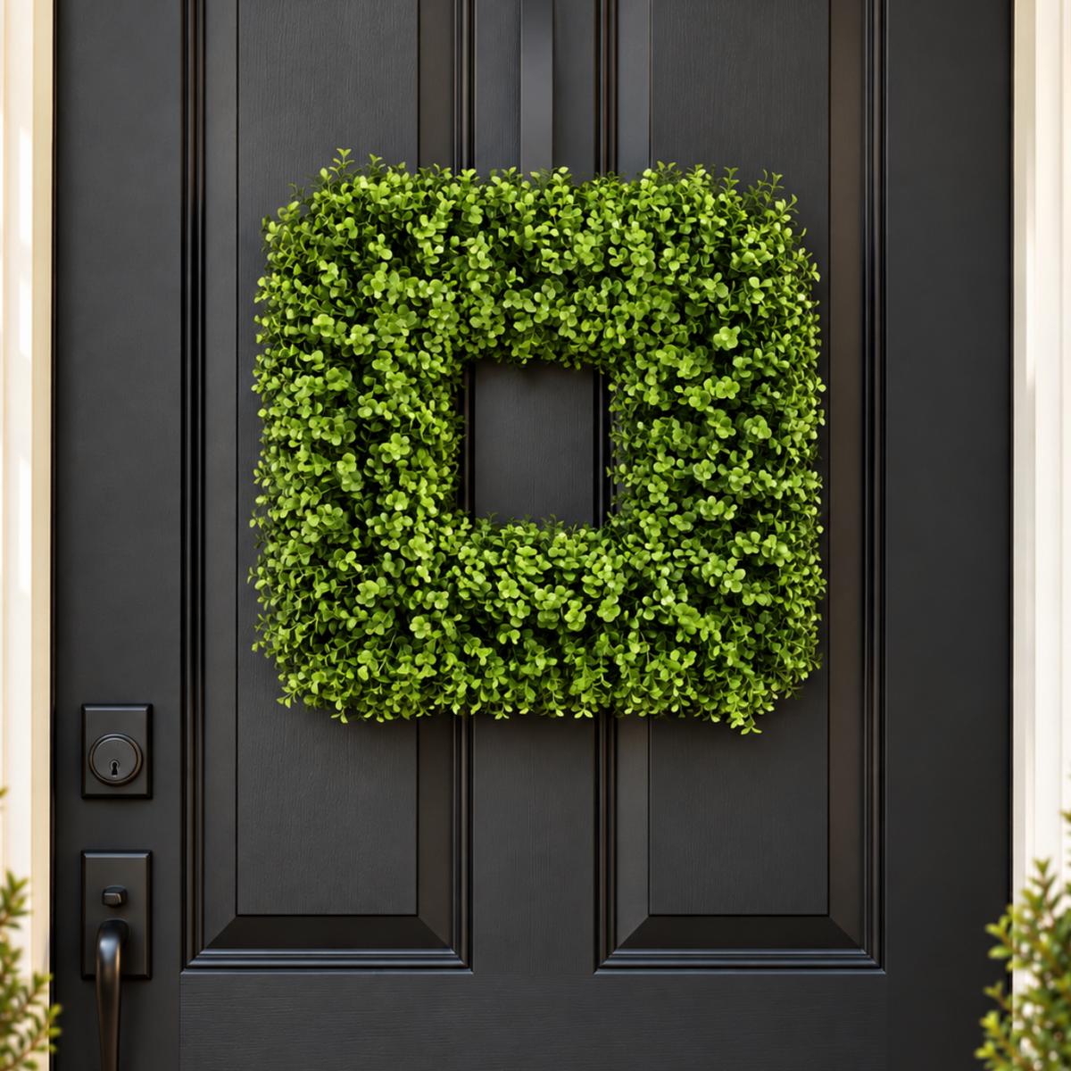 The Matthew John Collective 20-inch square artificial boxwood wreath with lush green foliage on a black front door.