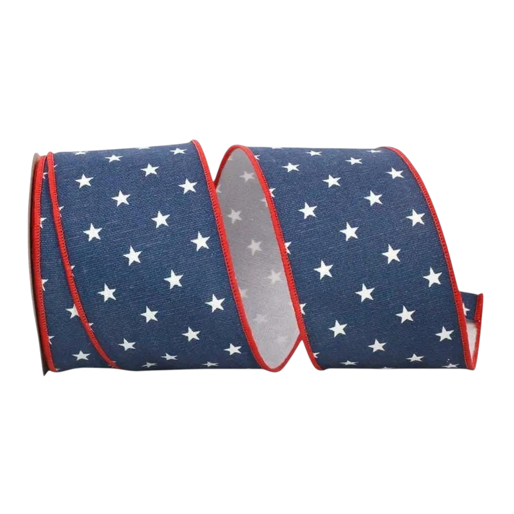 The Matthew John Collective navy blue cotton ribbon with white stars and red wired edges for patriotic decor.