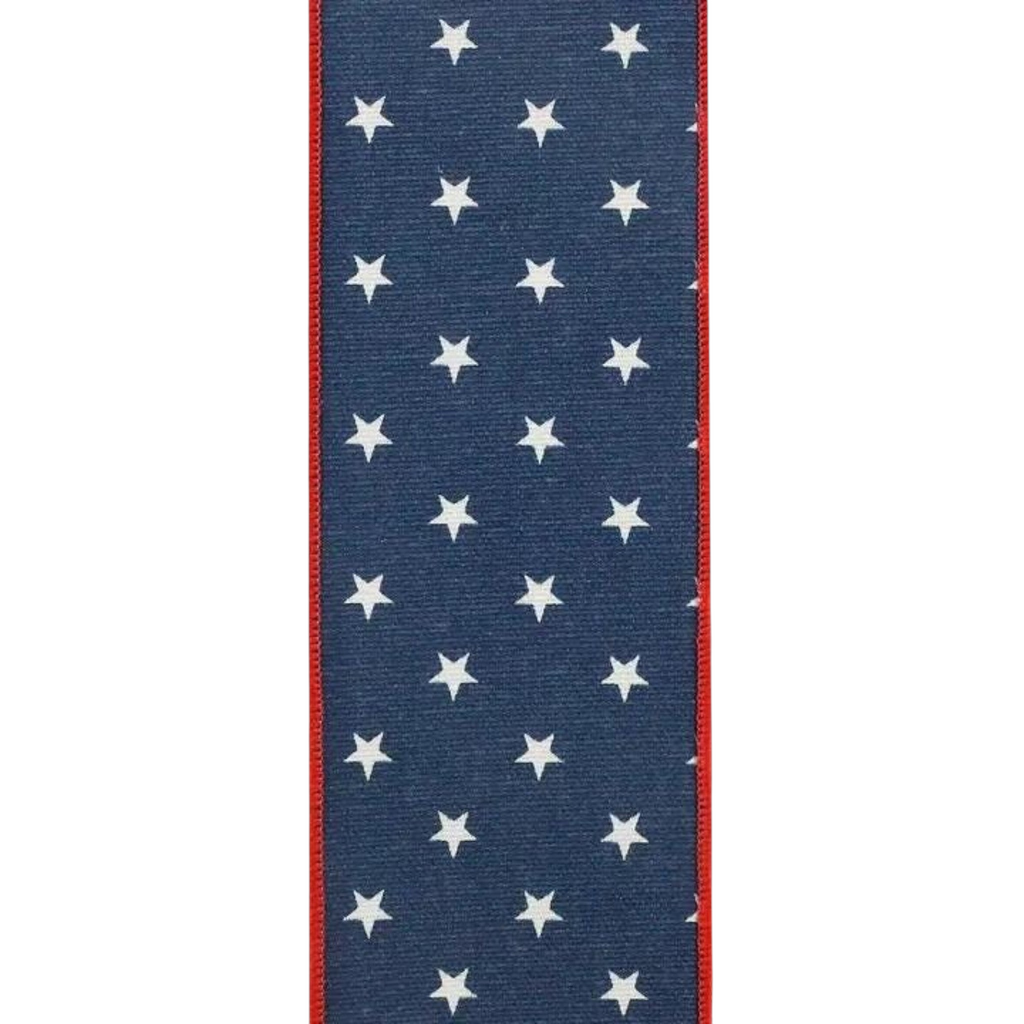 The Matthew John Collective navy blue cotton ribbon with white stars and red wired edges for patriotic decor