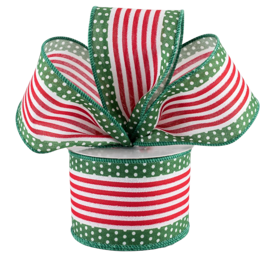 The Matthew John Collective wired Christmas ribbon with red and white stripes and emerald green polka dot borders.