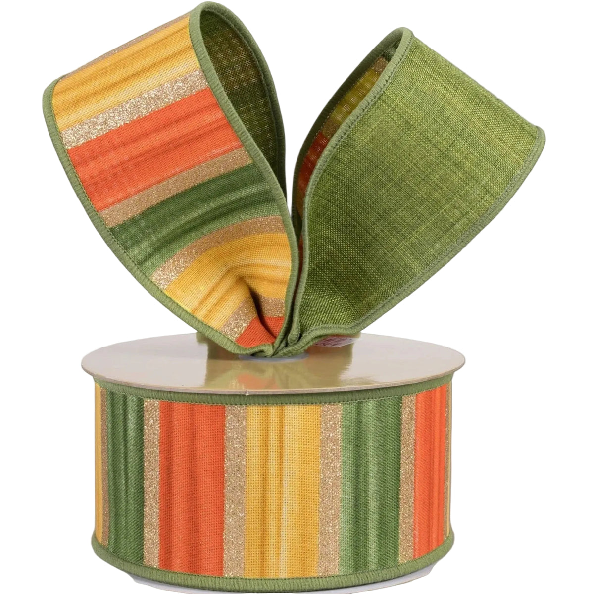 The Matthew John Collective double-sided wired ribbon with moss, orange, and mustard stripes and gold glitter accents.