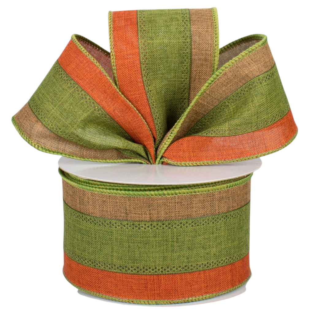 The Matthew John Collective tricolor striped faux-burlap ribbon in brown, rust, and moss green with wired edges.