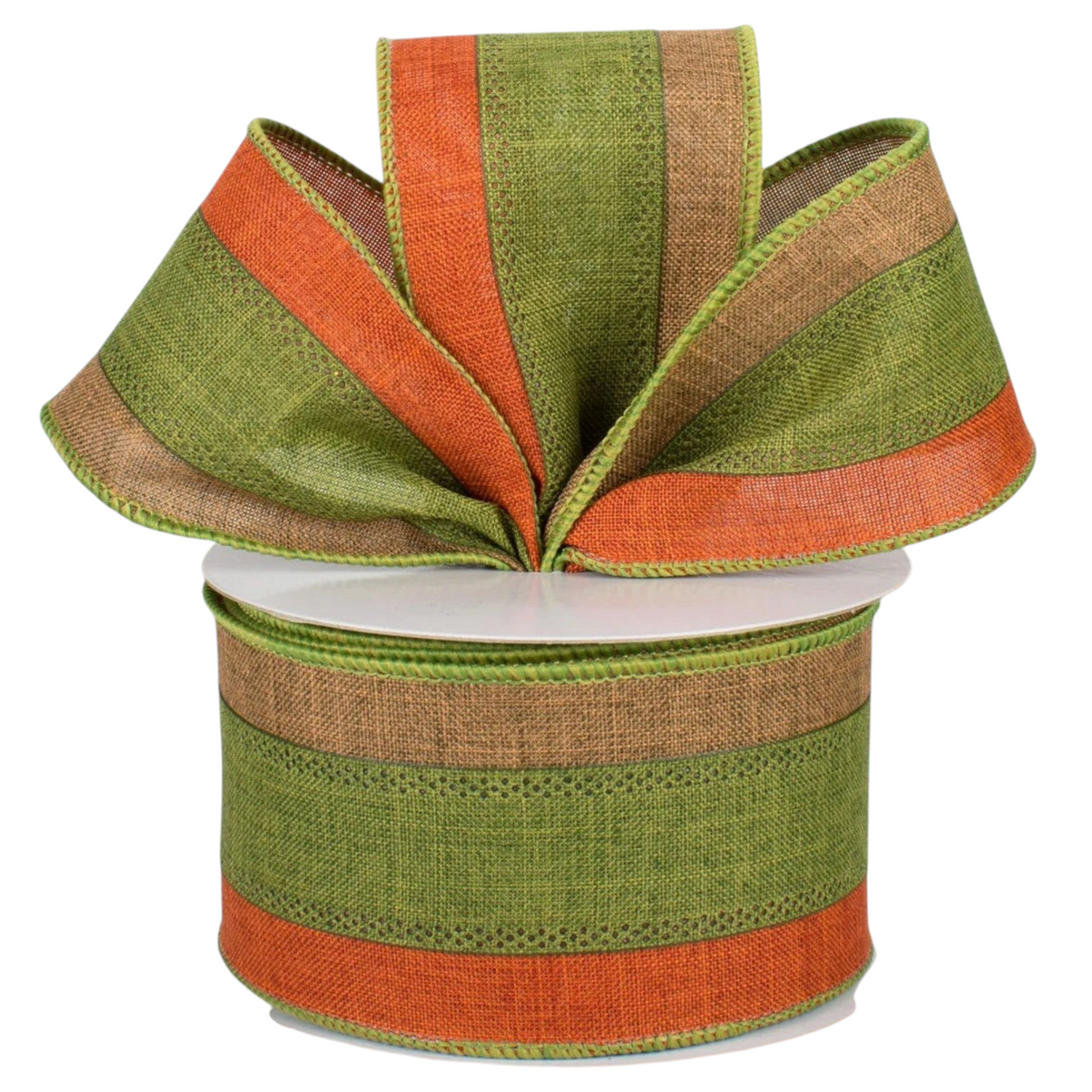 The Matthew John Collective tricolor striped faux-burlap ribbon in brown, rust, and moss green with wired edges.