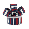 The Matthew John Collective 1.5 inch wired satin ribbon featuring red, ivory, and navy blue horizontal stripes.