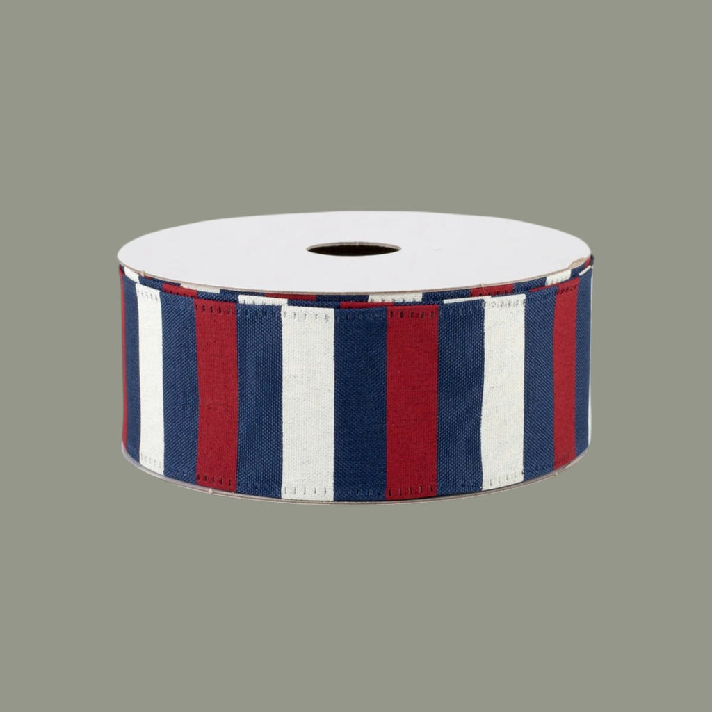 The Matthew John Collective 1.5 inch wired satin ribbon with red, ivory, and navy blue vertical striped pattern