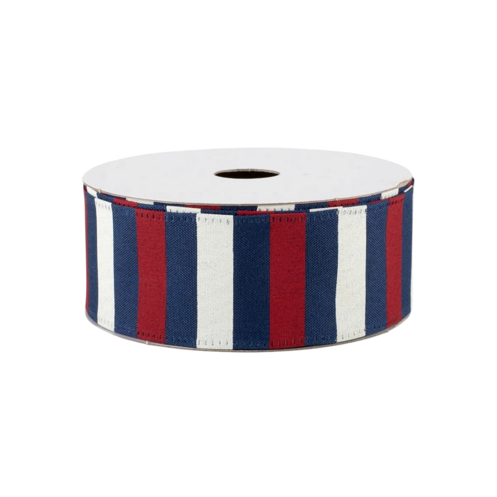 The Matthew John Collective 1.5 inch wired satin ribbon with red, ivory, and navy blue vertical striped pattern