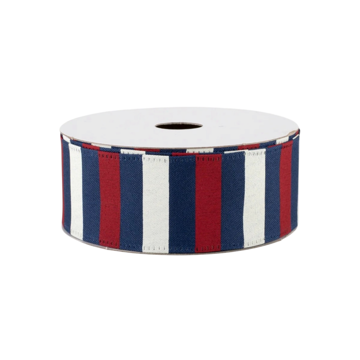 The Matthew John Collective 1.5 inch wired satin ribbon with red, ivory, and navy blue vertical striped pattern