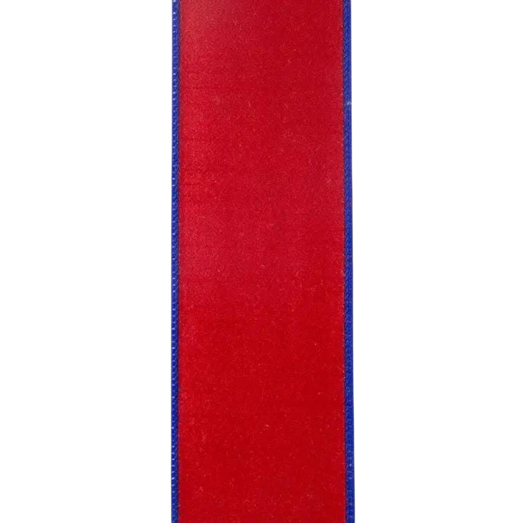 The Matthew John Collective red and blue striped twill dupioni wired ribbon for patriotic craft and decor projects.