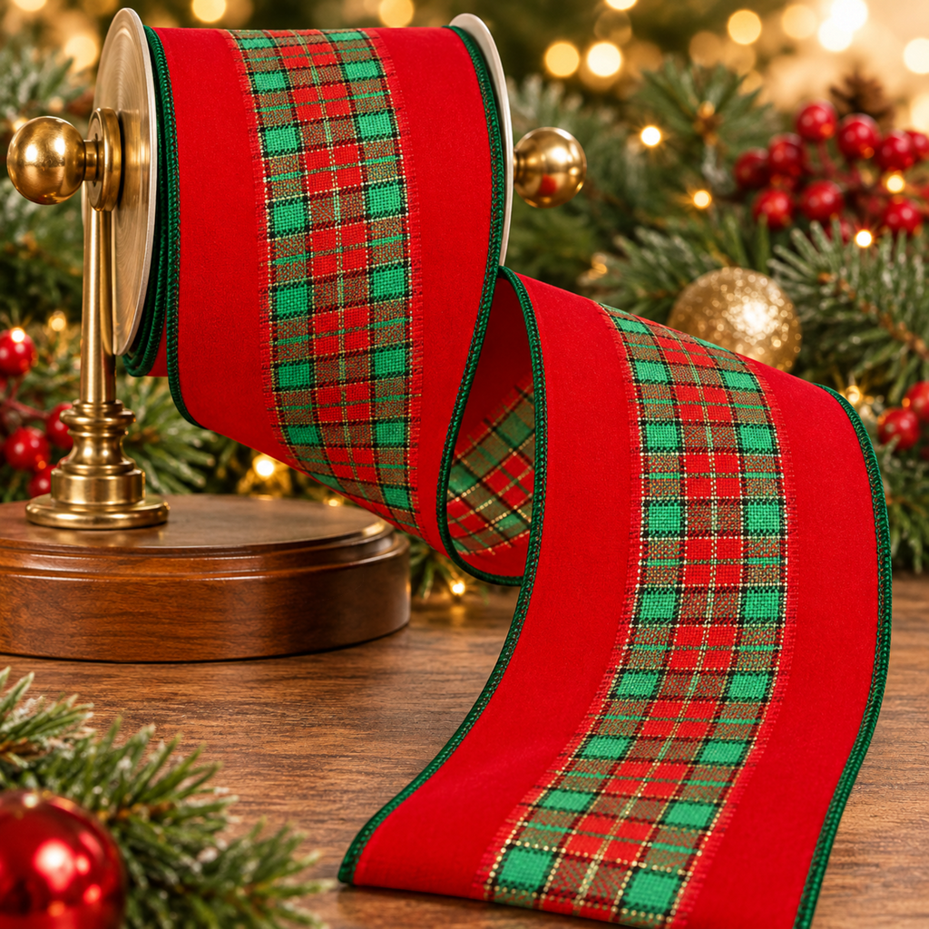 The Matthew John Collective 2.5-inch red and green tartan plush wired edge Christmas ribbon on a wooden spool